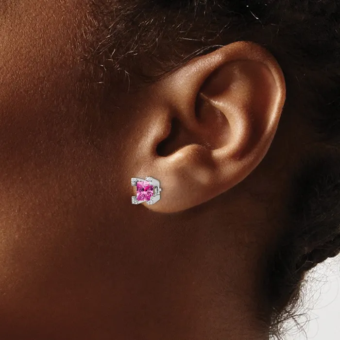 Goldia Earrings Solid 14k White Gold Square Created PinK Simulated Sapphire and CZ Earrings