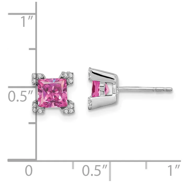 Goldia Earrings Solid 14k White Gold Square Created PinK Simulated Sapphire and CZ Earrings