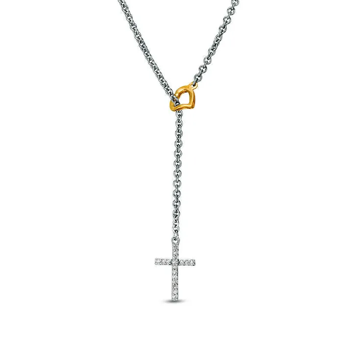 Goldia Necklaces 005 CT TW Natural Diamond Cross with Heart Y Necklace in Sterling Silver and 10K Yellow Gold Goldia Necklaces 005 CT TW Natural Diamond Cross with Heart Y Necklace in Sterling Silver and 10K Yellow Gold