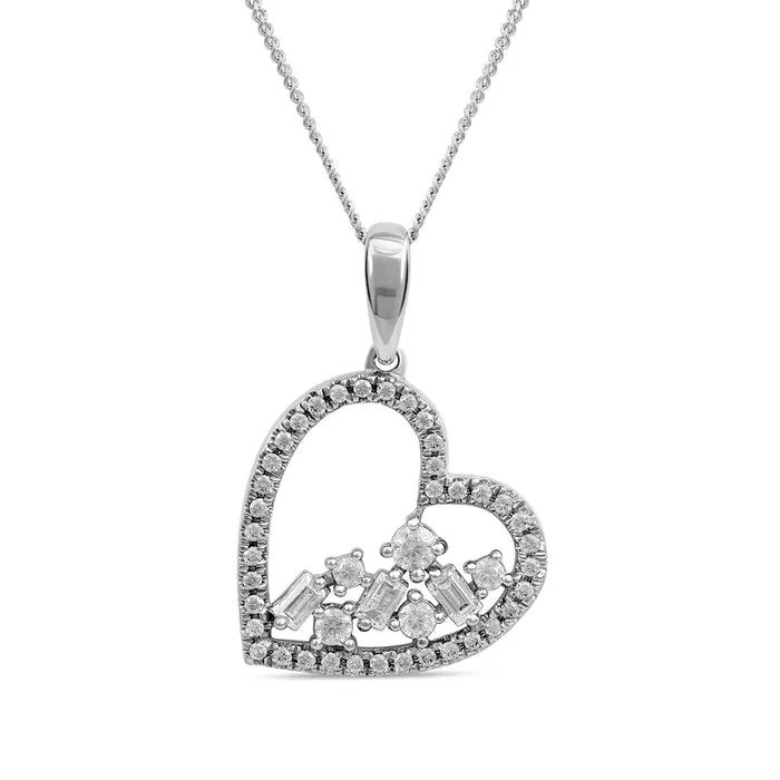 Goldia Necklaces 033 CT TW Baguette and Round Natural Diamond Scatter Tilted Heart Pendant in 10K White Gold Goldia Necklaces 033 CT TW Baguette and Round Natural Diamond Scatter Tilted Heart Pendant in 10K White Gold