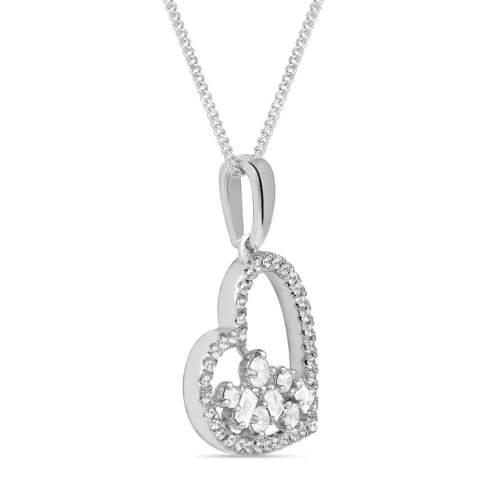 Goldia Necklaces 033 CT TW Baguette and Round Natural Diamond Scatter Tilted Heart Pendant in 10K White Gold Goldia Necklaces 033 CT TW Baguette and Round Natural Diamond Scatter Tilted Heart Pendant in 10K White Gold