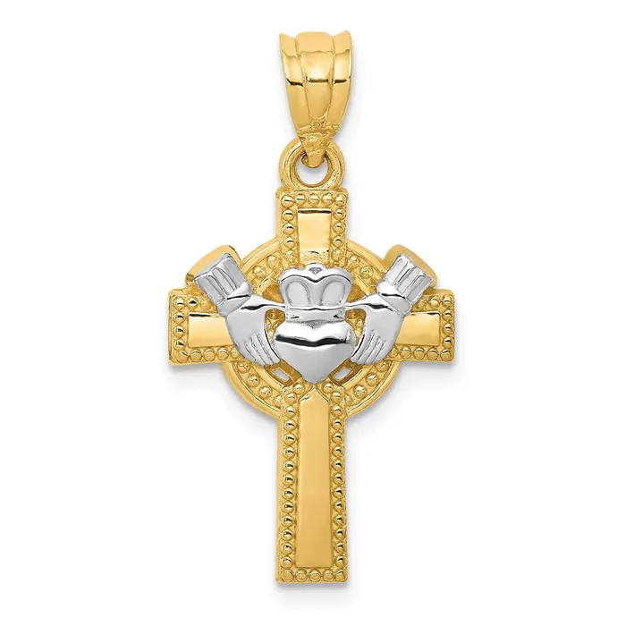 Goldia Necklaces 14k Yellow Rhodium Goldy and Rhodium Accent Claddagh Cross Pendant Goldia Necklaces 14k Yellow Rhodium Goldy and Rhodium Accent Claddagh Cross Pendant