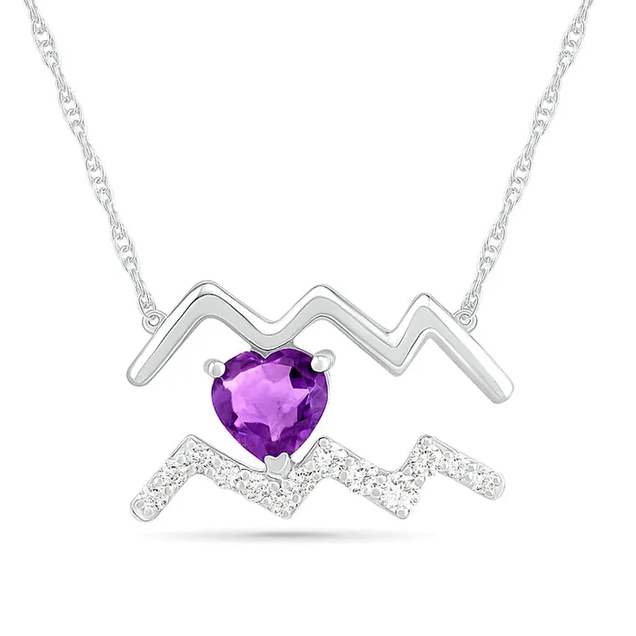 Goldia Necklaces 60mm HeartShaped Amethyst and White LabCreated Sapphire Aquarius Zodiac Sign Necklace in Sterling Silver Goldia Necklaces 60mm HeartShaped Amethyst and White LabCreated Sapphire Aquarius Zodiac Sign Necklace in Sterling Silver
