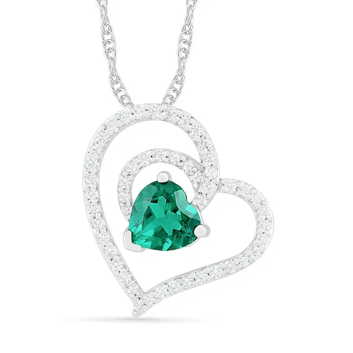 Goldia Necklaces 60mm LabCreated Emerald and White Sapphire Tilted Double Loop Heart Pendant in Sterling Silver Goldia Necklaces 60mm LabCreated Emerald and White Sapphire Tilted Double Loop Heart Pendant in Sterling Silver
