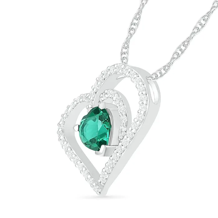 Goldia Necklaces 60mm LabCreated Emerald and White Sapphire Tilted Double Loop Heart Pendant in Sterling Silver Goldia Necklaces 60mm LabCreated Emerald and White Sapphire Tilted Double Loop Heart Pendant in Sterling Silver