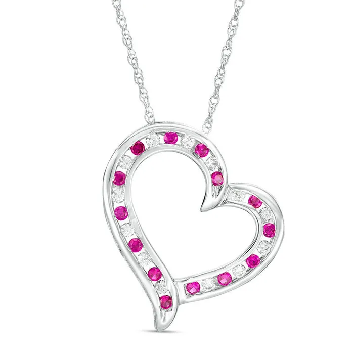Goldia Necklaces Alternating LabCreated Ruby and White Sapphire Tilted Heart Pendant in Sterling Silver Goldia Necklaces Alternating LabCreated Ruby and White Sapphire Tilted Heart Pendant in Sterling Silver