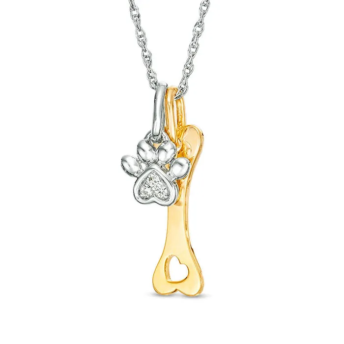 Goldia Necklaces Natural Diamond Accent Paw Print and Dog Bone Pendant in Sterling Silver and 14K Gold Plate
