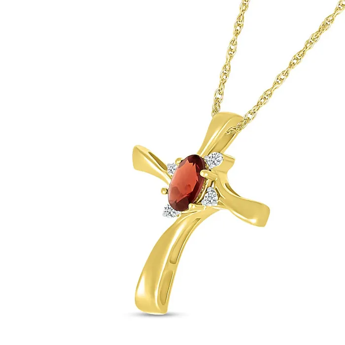 Goldia Necklaces Oval Garnet and Natural Diamond Accent Swirl Ribbon Cross Pendant in 10K Yellow Gold Goldia Necklaces Oval Garnet and Natural Diamond Accent Swirl Ribbon Cross Pendant in 10K Yellow Gold