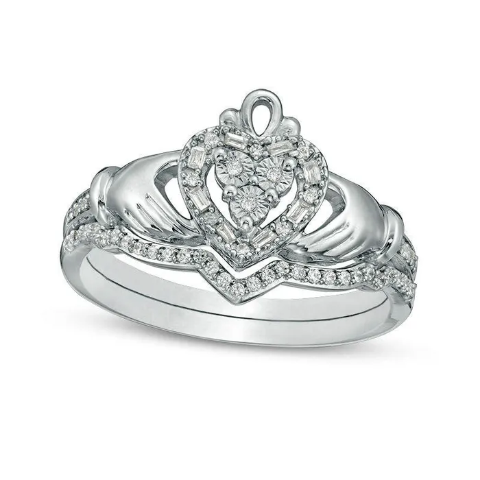 Goldia Rings 020 CT TW Composite Natural Diamond Claddagh Bridal Engagement Ring Set in Sterling Silver Goldia Rings 020 CT TW Composite Natural Diamond Claddagh Bridal Engagement Ring Set in Sterling Silver