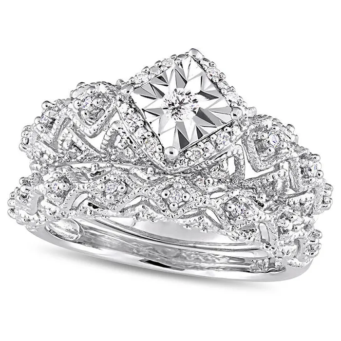 Goldia Rings 020 CT TW Natural Diamond Tilted Square Frame Antique VintageStyle Bridal Engagement Ring Set in Sterling Silver Goldia Rings 020 CT TW Natural Diamond Tilted Square Frame Antique VintageStyle Bridal Engagement Ring Set in Sterling Silver