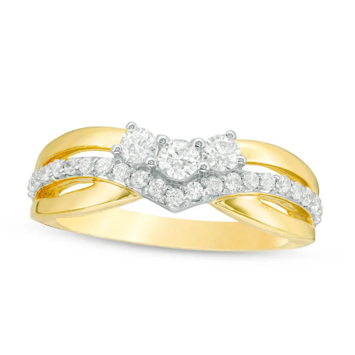 Goldia Rings 050 CT TW Natural Diamond Three Stone Chevron Ring in Solid 10K Yellow Gold