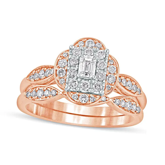 Goldia Rings 063 CT TW EmeraldCut Natural Diamond Quatrefoil Frame Art Deco Bridal Engagement Ring Set in Solid 10K Rose Gold Goldia Rings 063 CT TW EmeraldCut Natural Diamond Quatrefoil Frame Art Deco Bridal Engagement Ring Set in Solid 10K Rose Gold
