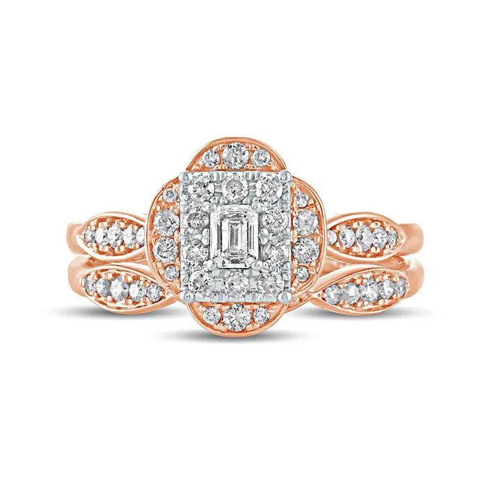 Goldia Rings 063 CT TW EmeraldCut Natural Diamond Quatrefoil Frame Art Deco Bridal Engagement Ring Set in Solid 10K Rose Gold Goldia Rings 063 CT TW EmeraldCut Natural Diamond Quatrefoil Frame Art Deco Bridal Engagement Ring Set in Solid 10K Rose Gold