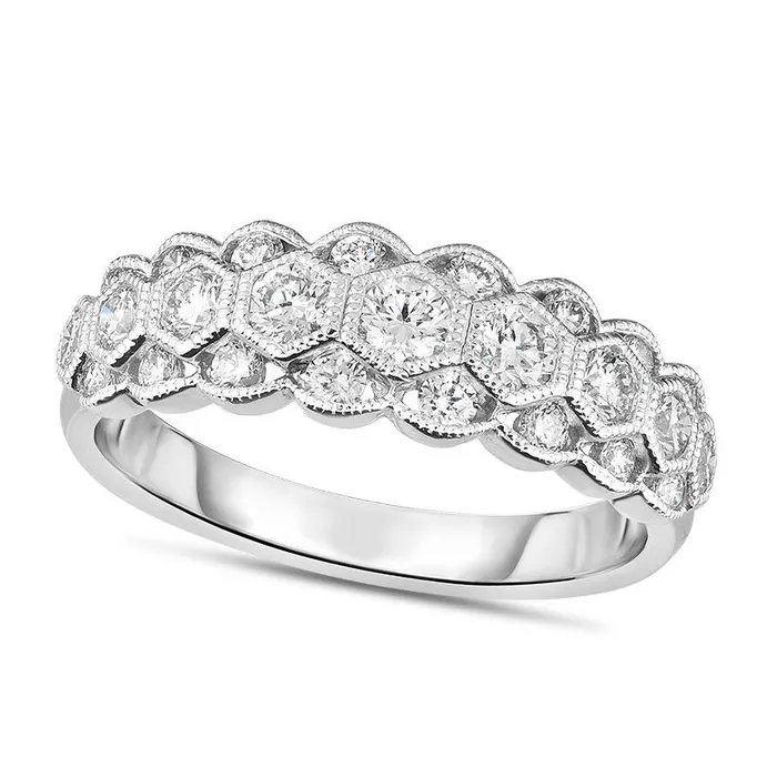 Goldia Rings 075 CT TW Natural Diamond Hexagon Frame Antique Vintage Style Scallop Edge Band in Solid 14K White Gold Goldia Rings 075 CT TW Natural Diamond Hexagon Frame Antique Vintage Style Scallop Edge Band in Solid 14K White Gold