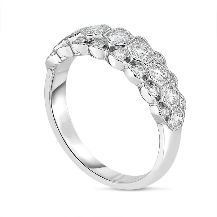 Goldia Rings 075 CT TW Natural Diamond Hexagon Frame Antique Vintage Style Scallop Edge Band in Solid 14K White Gold Goldia Rings 075 CT TW Natural Diamond Hexagon Frame Antique Vintage Style Scallop Edge Band in Solid 14K White Gold
