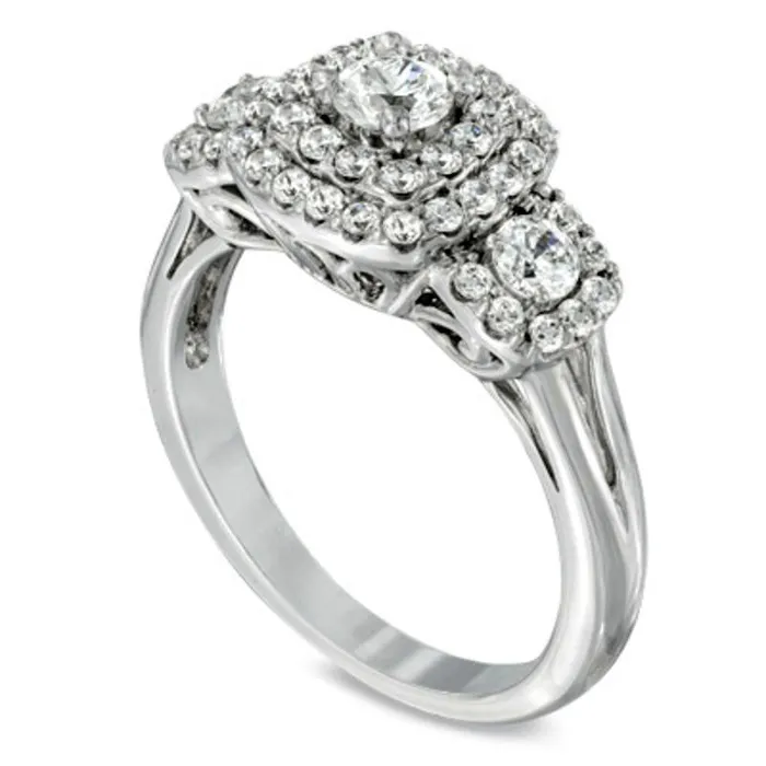 Goldia Rings 10 CT TW Natural Diamond Double Frame Three Stone Ring in Solid 10K White Gold Goldia Rings 10 CT TW Natural Diamond Double Frame Three Stone Ring in Solid 10K White Gold