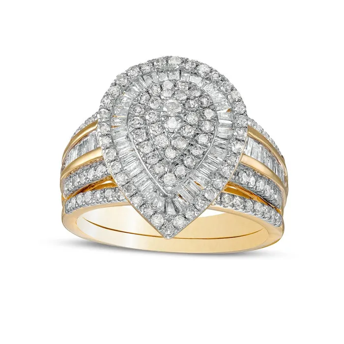 Goldia Rings 125 CT TW Composite Baguette and Round Natural Diamond Layered PearShape Frame Bridal Engagement Ring Set in Solid 10K Yellow Gold Goldia Rings 125 CT TW Composite Baguette and Round Natural Diamond Layered PearShape Frame Bridal Engagement Ring Set in Solid 10K Yellow Gold