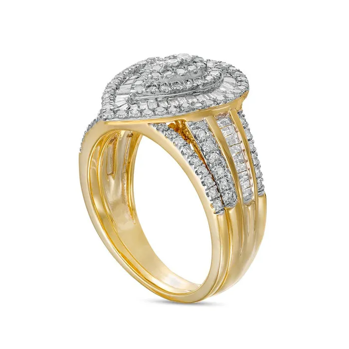 Goldia Rings 125 CT TW Composite Baguette and Round Natural Diamond Layered PearShape Frame Bridal Engagement Ring Set in Solid 10K Yellow Gold Goldia Rings 125 CT TW Composite Baguette and Round Natural Diamond Layered PearShape Frame Bridal Engagement Ring Set in Solid 10K Yellow Gold