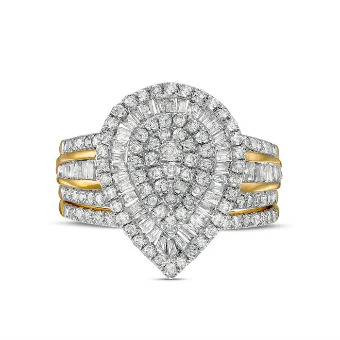 Goldia Rings 125 CT TW Composite Baguette and Round Natural Diamond Layered PearShape Frame Bridal Engagement Ring Set in Solid 10K Yellow Gold Goldia Rings 125 CT TW Composite Baguette and Round Natural Diamond Layered PearShape Frame Bridal Engagement Ring Set in Solid 10K Yellow Gold