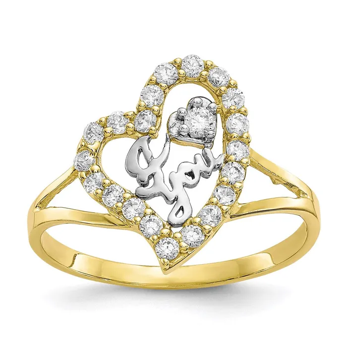 Goldia Rings 10K Yellow Gold wWhite Rhodium I LOVE YOU CZ Heart Ring