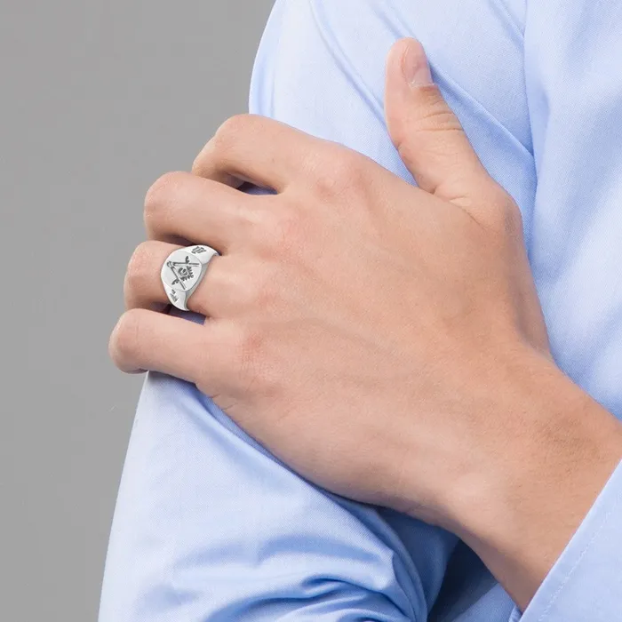 Goldia Rings 14k White Gold Mens Polished and Grooved No Enamel Masonic Ring