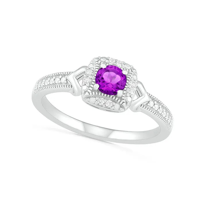 Goldia Rings 40mm Amethyst and 005 CT TW Natural Diamond Cushion Frame Chevron Side Accent Antique VintageStyle Ring in Sterling Silver