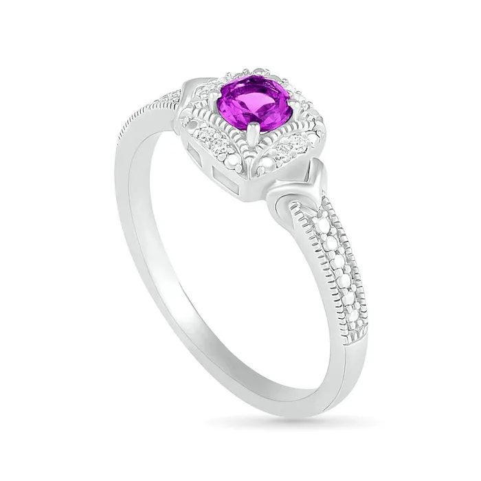 Goldia Rings 40mm Amethyst and 005 CT TW Natural Diamond Cushion Frame Chevron Side Accent Antique VintageStyle Ring in Sterling Silver Goldia Rings 40mm Amethyst and 005 CT TW Natural Diamond Cushion Frame Chevron Side Accent Antique VintageStyle Ring in Sterling Silver