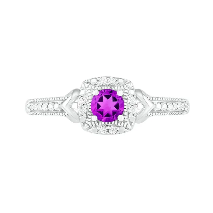 Goldia Rings 40mm Amethyst and 005 CT TW Natural Diamond Cushion Frame Chevron Side Accent Antique VintageStyle Ring in Sterling Silver Goldia Rings 40mm Amethyst and 005 CT TW Natural Diamond Cushion Frame Chevron Side Accent Antique VintageStyle Ring in Sterling Silver