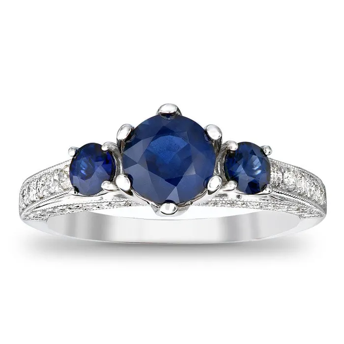 Goldia Rings 60mm Blue Sapphire and 038 CT TW Natural Diamond Engagement Three Stone Ring in Solid 14K White Gold Goldia Rings 60mm Blue Sapphire and 038 CT TW Natural Diamond Engagement Three Stone Ring in Solid 14K White Gold