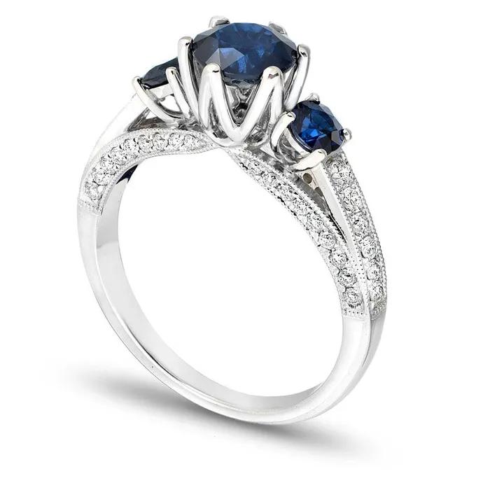 Goldia Rings 60mm Blue Sapphire and 038 CT TW Natural Diamond Engagement Three Stone Ring in Solid 14K White Gold Goldia Rings 60mm Blue Sapphire and 038 CT TW Natural Diamond Engagement Three Stone Ring in Solid 14K White Gold