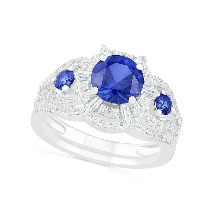 Goldia Rings 70mm LabCreated Blue and White Sapphire Ships Wheel Frame Three Stone Split Shank Bridal Engagement Ring Set in Sterling Silver Goldia Rings 70mm LabCreated Blue and White Sapphire Ships Wheel Frame Three Stone Split Shank Bridal Engagement Ring Set in Sterling Silver