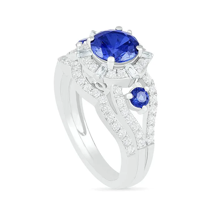 Goldia Rings 70mm LabCreated Blue and White Sapphire Ships Wheel Frame Three Stone Split Shank Bridal Engagement Ring Set in Sterling Silver Goldia Rings 70mm LabCreated Blue and White Sapphire Ships Wheel Frame Three Stone Split Shank Bridal Engagement Ring Set in Sterling Silver