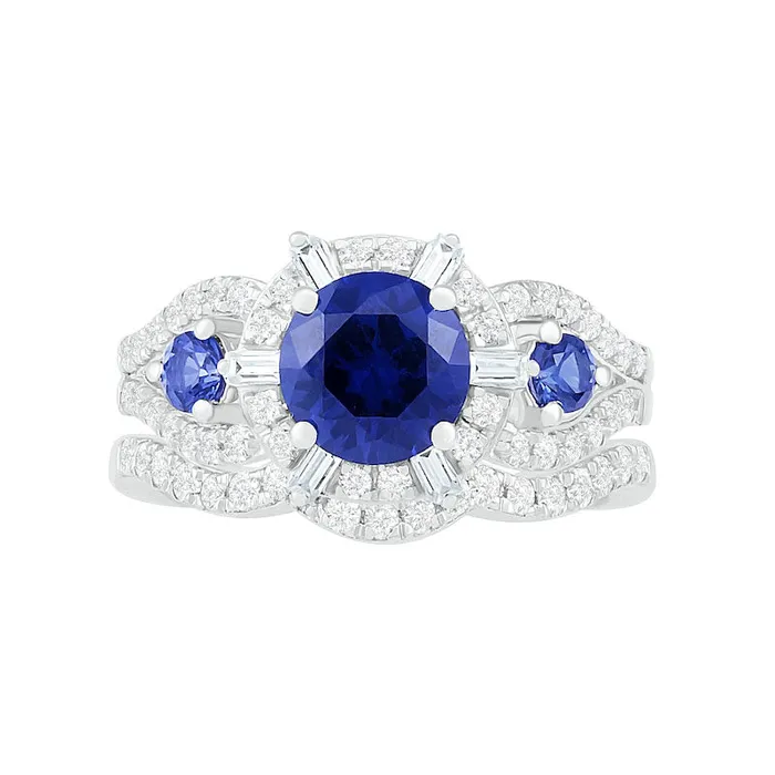 Goldia Rings 70mm LabCreated Blue and White Sapphire Ships Wheel Frame Three Stone Split Shank Bridal Engagement Ring Set in Sterling Silver Goldia Rings 70mm LabCreated Blue and White Sapphire Ships Wheel Frame Three Stone Split Shank Bridal Engagement Ring Set in Sterling Silver