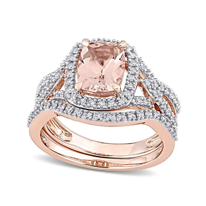 Goldia Rings CushionCut Morganite and 025 CT TW Natural Diamond Frame Bridal Engagement Ring Set in Solid 10K Rose Gold Goldia Rings CushionCut Morganite and 025 CT TW Natural Diamond Frame Bridal Engagement Ring Set in Solid 10K Rose Gold