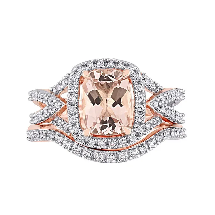 Goldia Rings CushionCut Morganite and 025 CT TW Natural Diamond Frame Bridal Engagement Ring Set in Solid 10K Rose Gold Goldia Rings CushionCut Morganite and 025 CT TW Natural Diamond Frame Bridal Engagement Ring Set in Solid 10K Rose Gold