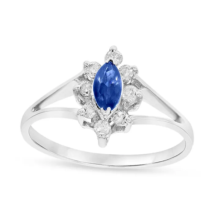 Goldia Rings Marquise Blue Sapphire and 017 CT TW Natural Diamond Frame Split Shank Ring in Solid 14K White Gold Goldia Rings Marquise Blue Sapphire and 017 CT TW Natural Diamond Frame Split Shank Ring in Solid 14K White Gold