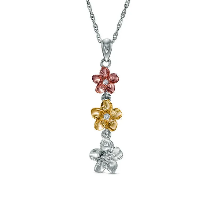 Goldia Rings Natural Diamond Accent Flower Triple Drop Pendant in Sterling Silver and 10K TwoTone Gold Goldia Rings Natural Diamond Accent Flower Triple Drop Pendant in Sterling Silver and 10K TwoTone Gold