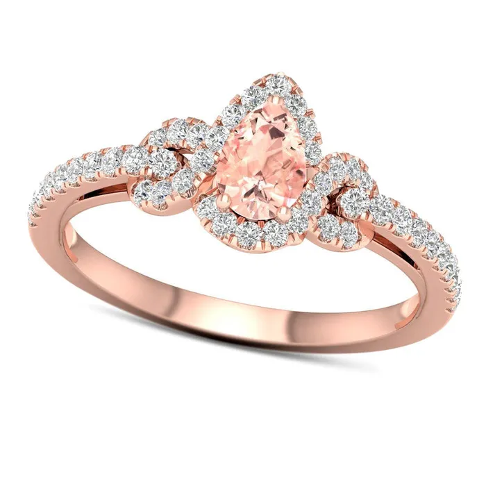 Goldia Rings PearShaped Morganite and 033 CT TW Natural Diamond Infinity Ribbon Frame Ring in Solid 10K Rose Gold Goldia Rings PearShaped Morganite and 033 CT TW Natural Diamond Infinity Ribbon Frame Ring in Solid 10K Rose Gold