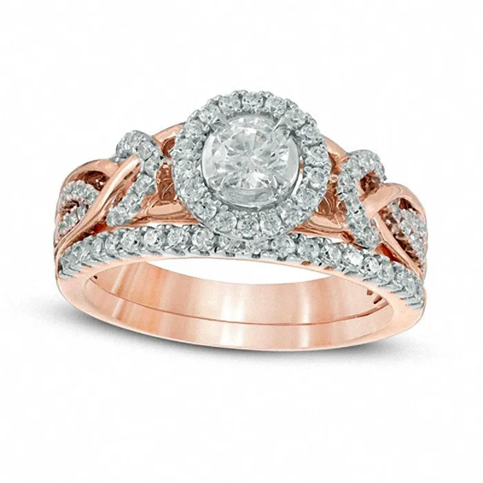 Goldia Rings Previously Owned 075 CT TW Natural Diamond Frame Braided Infinity Bridal Engagement Ring Set in Solid 14K TwoTone Gold