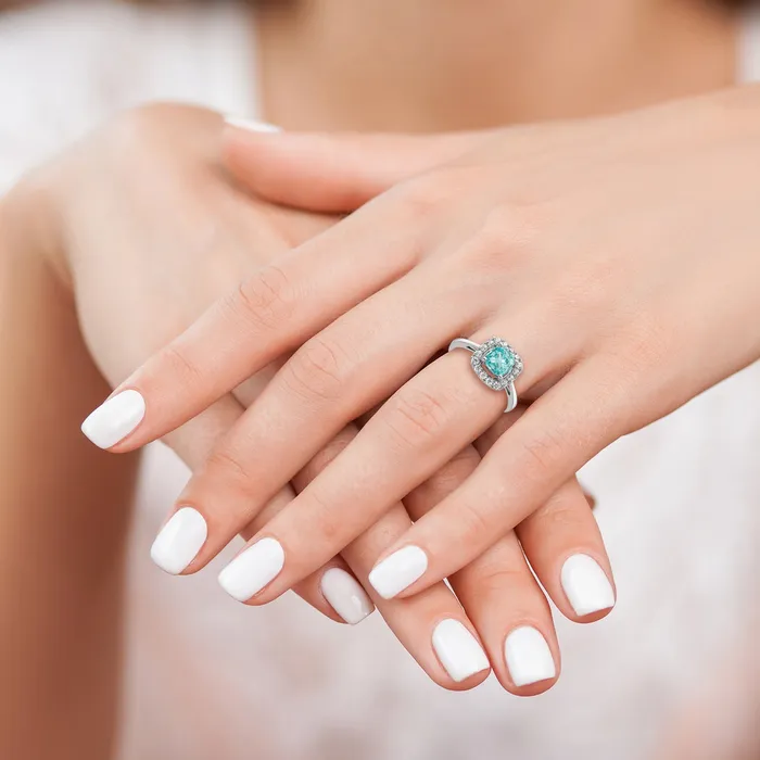 Goldia Rings Pure Serenity 14k White Gold 14 Ct Lab Grown Diamond VSSI G and Halo Lab Created Paraiba Ring