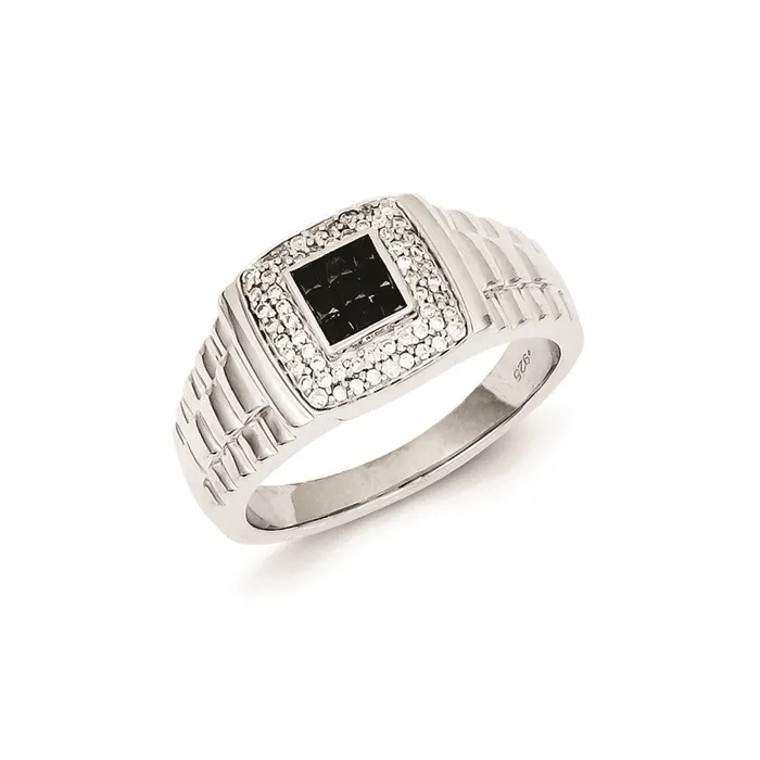 Goldia Rings Sterling Silver Black and White Diamond Square Mens Ring