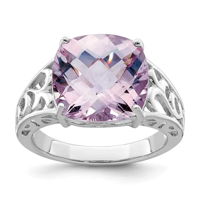 Goldia Rings Sterling Silver Rhodium CheckerCut Pink Quartz Ring