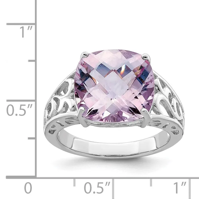 Goldia Rings Sterling Silver Rhodium CheckerCut Pink Quartz Ring