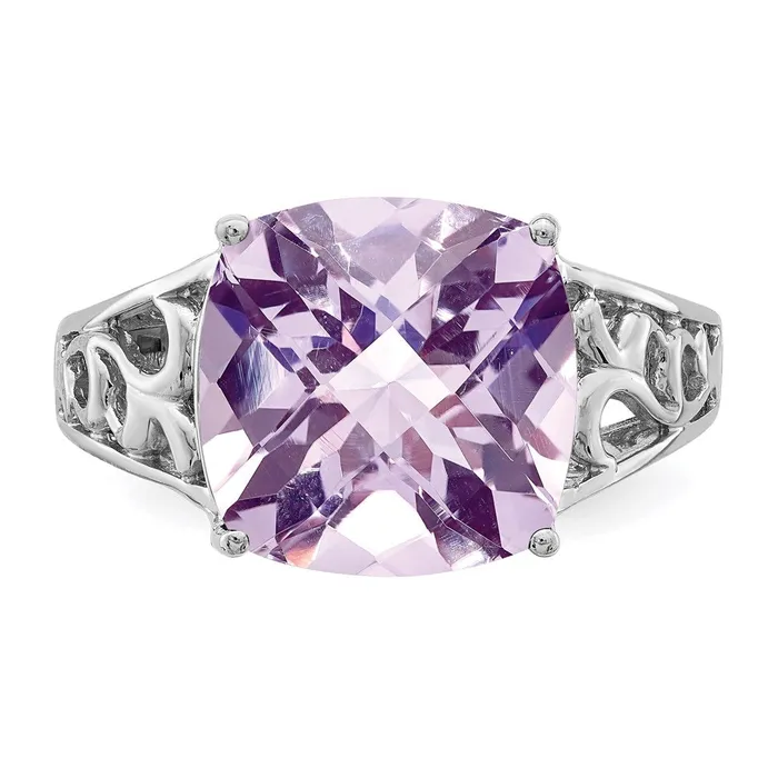 Goldia Rings Sterling Silver Rhodium CheckerCut Pink Quartz Ring