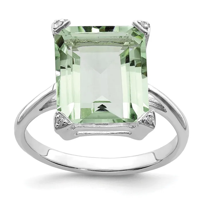 Goldia Rings Sterling Silver Rhodium Green Quartz Diamond Ring