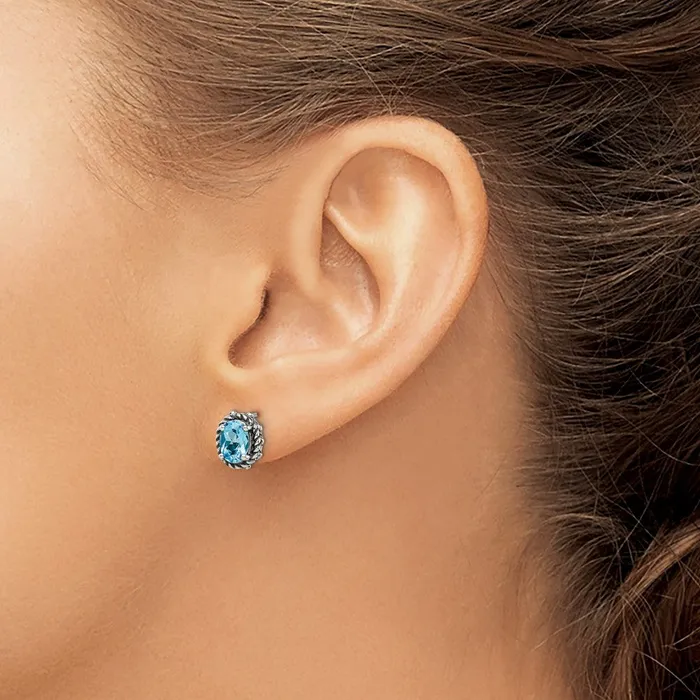 Goldia Shey Couture Sterling Silver Antiqued Oval Blue Topaz Post Earrings Earrings