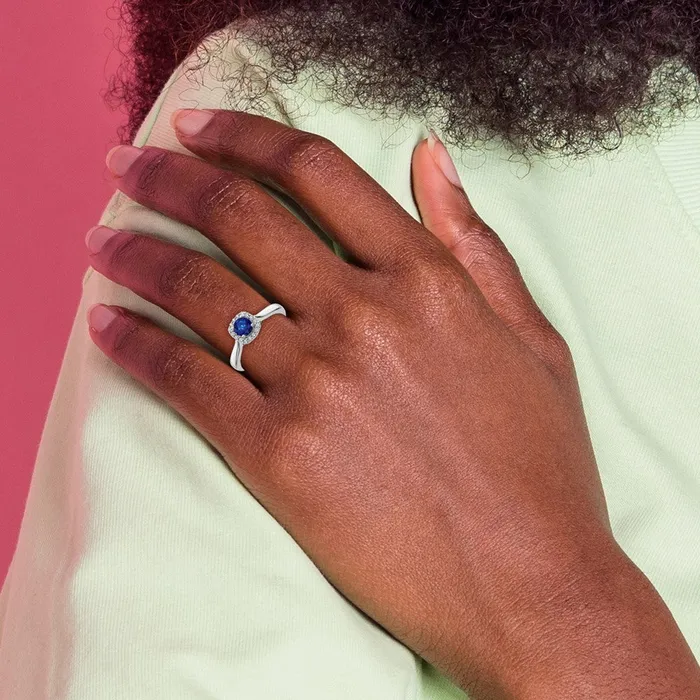 Goldia Solid 14k White Gold Simulated CZ and Sapphire Halo Ring Rings