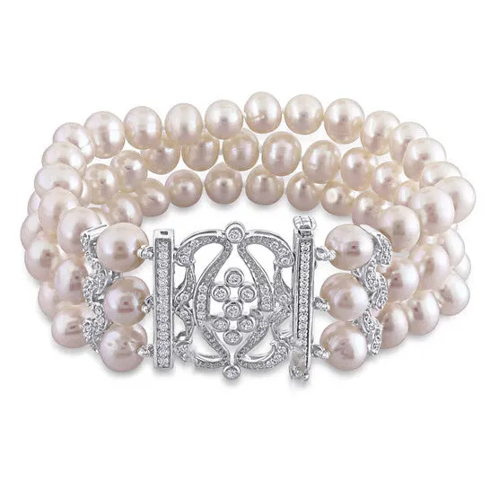 JMS always Bracelets Original AMOUR 65 7 Mm White Cultured Freshwater Pearl Bracelet with Cubic Zirconia In Sterling Silver JMS always Bracelets Original AMOUR 65 7 Mm White Cultured Freshwater Pearl Bracelet with Cubic Zirconia In Sterling Silver