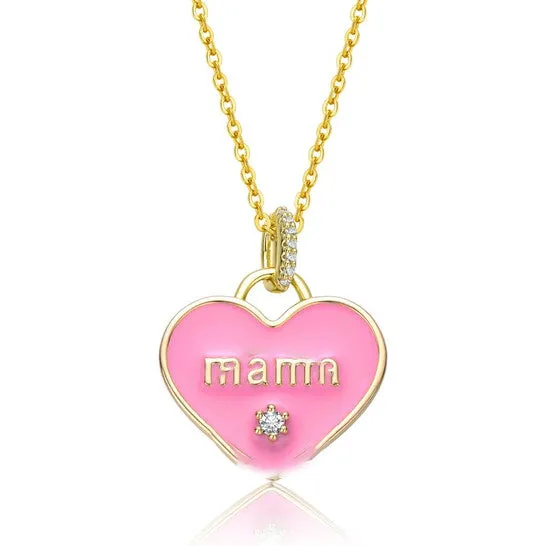 JMS always Necklaces Original Rachel Glauber 14k Yellow Gold Plated with Cubic Zirconia MAMA Pink Enamel Heart Pendant Layering Necklace