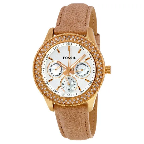 JMS always Original Fossil Stella GMT White Dial Rose Goldtone Stainless Steel Ladies Watch ES3104 Earrings